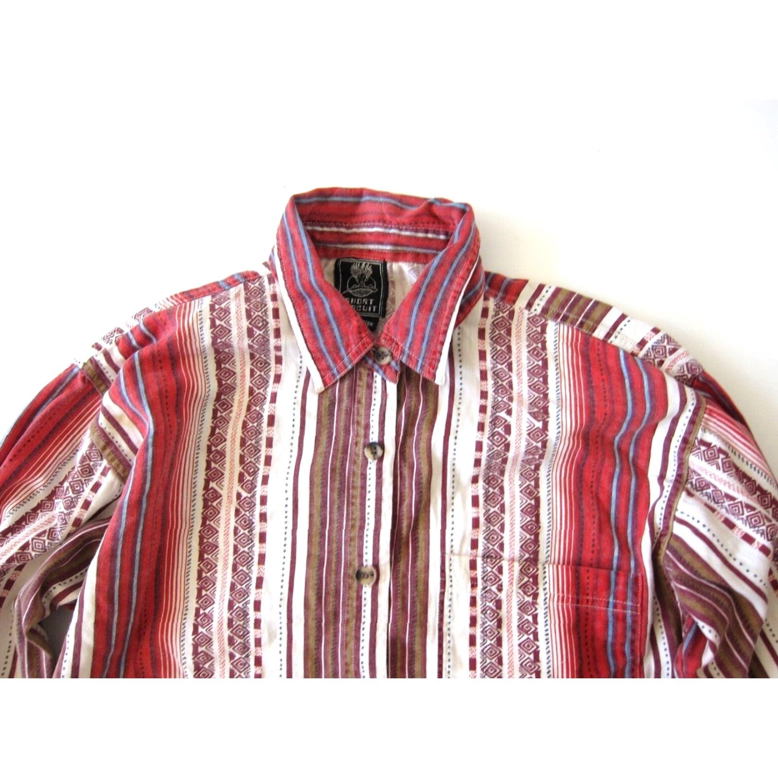 Vintage VINTAGE Short Circuit Blouse Stripe Long Sleeve Button 100% Cotton Red Brown Blue M-L Womens Size M / US 6-8 / IT 42-44 - 3 Thumbnail
