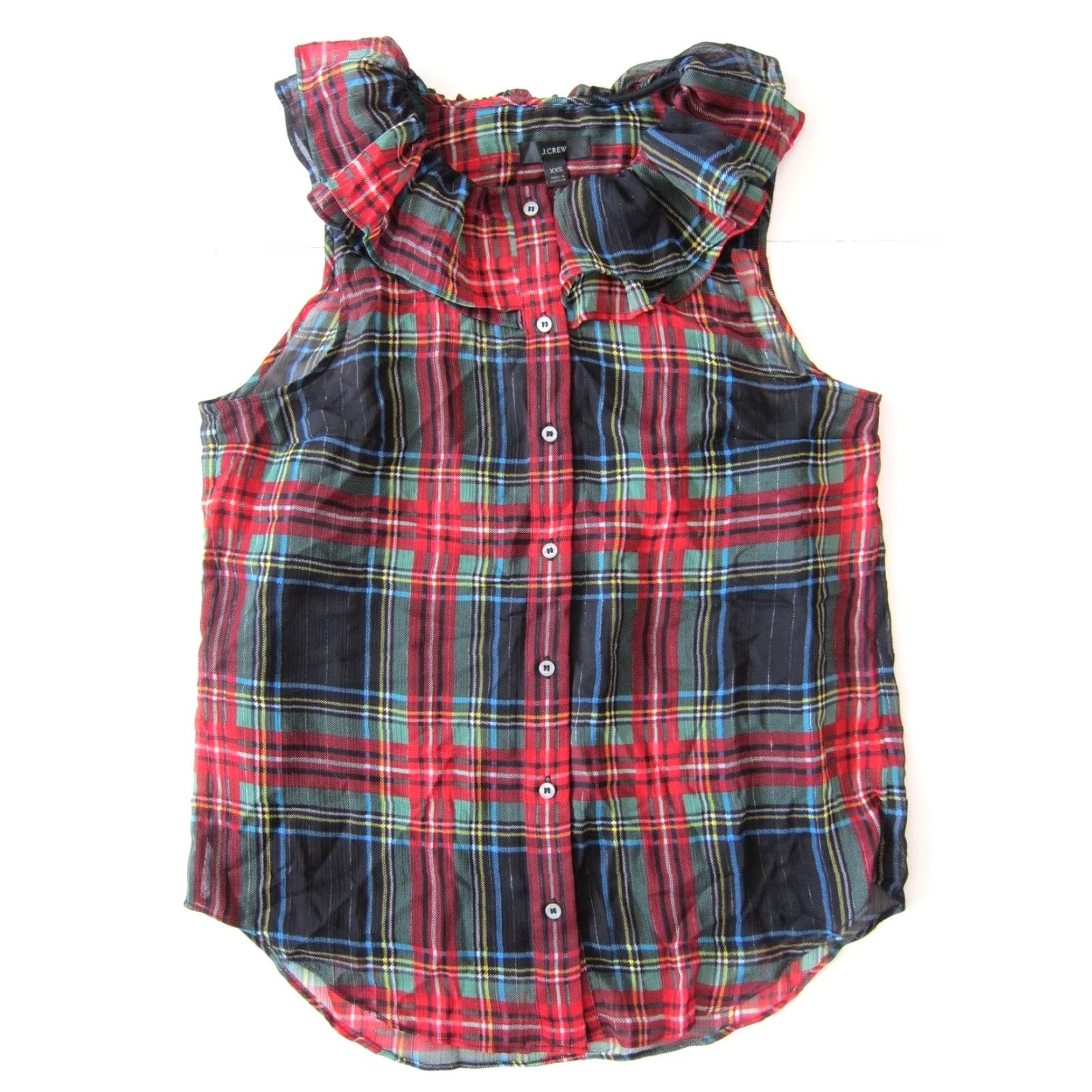 J.Crew NWT J.Crew Blouse Sleeveless Ruffle Neck Button Down Plaid Green XXS Women's Size XXS / US 00 / IT 34 - 2 Thumbnail
