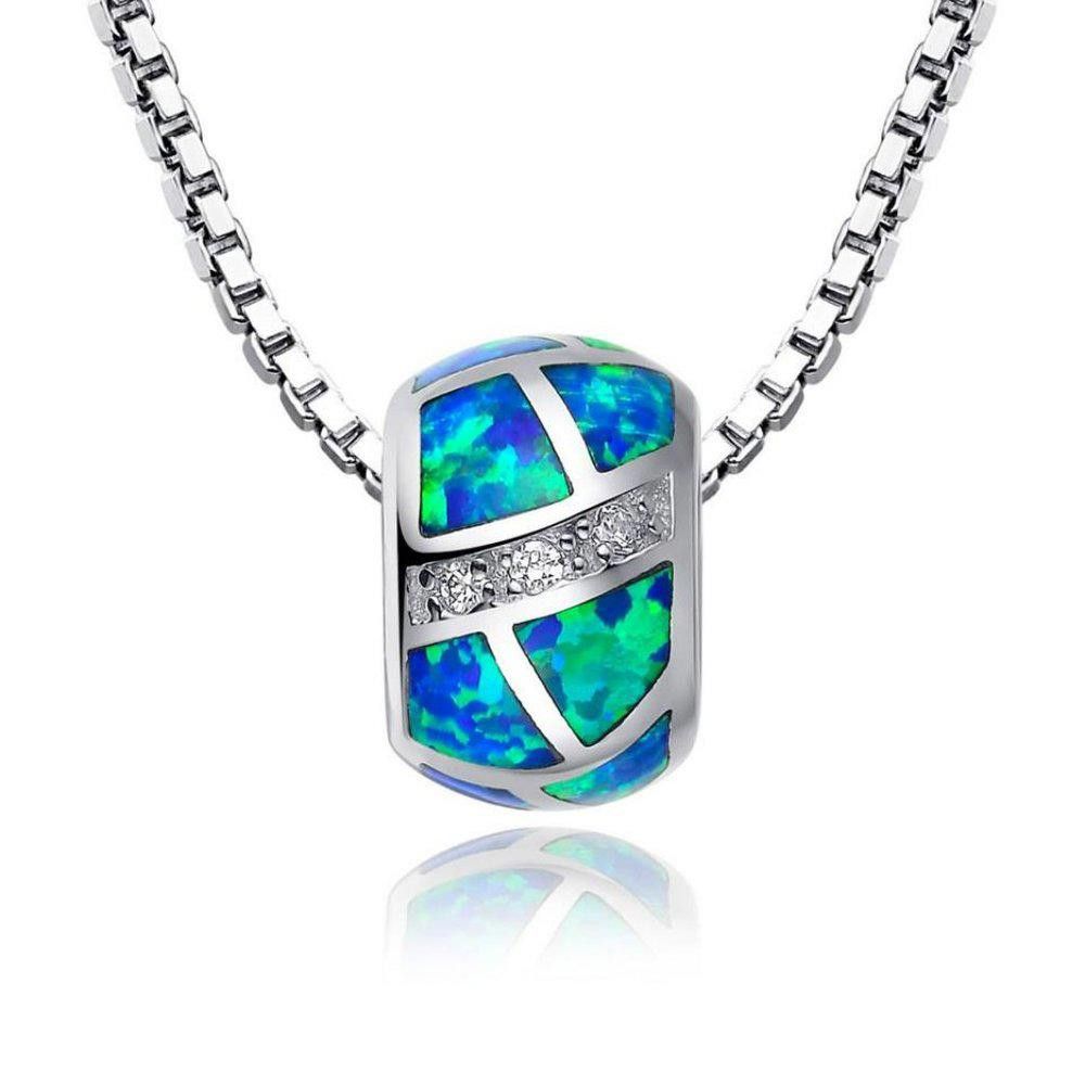 Designer Blue Opal Round Rum Barrel Silver Necklace & Chain Size ONE SIZE - 8 Thumbnail