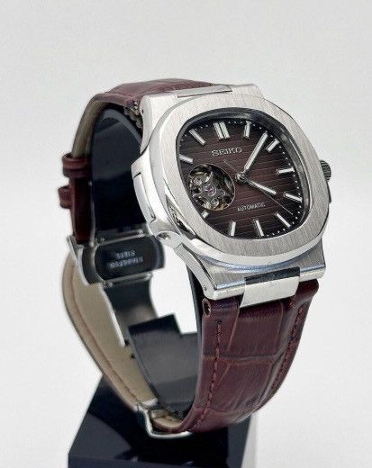 Japanese Brand Seiko Mod Nautilus Brown Open Dial Steel Watch Leather Strap Size ONE SIZE - 2 Thumbnail