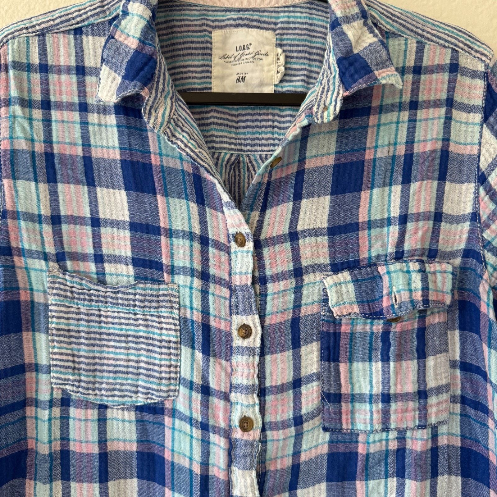 H&M H&M L.O.G.G. Blue Plaid Gauze Button Down Shirt Women's 14 Size XL / US 12-14 / IT 48-50 - 2 Thumbnail