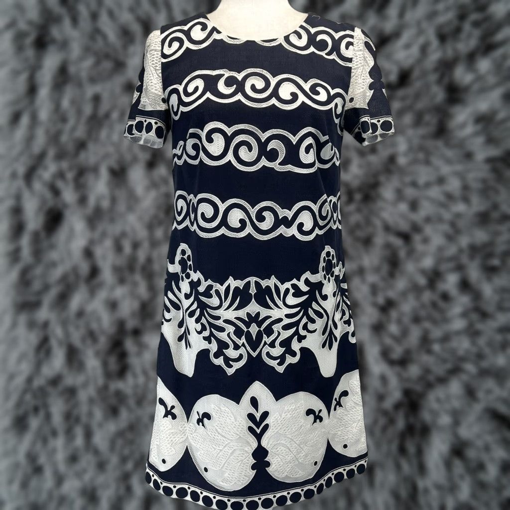 J.Crew VINTAGE J.CREW Short Sleeve Sheath Dress Navy White Geometric Lace Sz 2 Womens Size 26" / US 2 / IT 38 - 1 Thumbnail