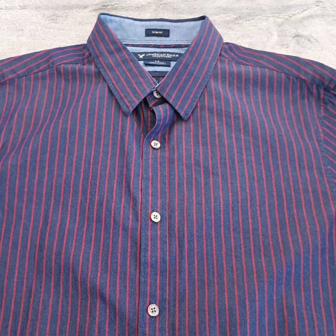 American Eagle Outfitters American Eagle Outfitters Shirt Mens Large Slim Button-Up Striped Long Sleeve Blue Size US L / EU 52-54 / 3 - 2 Thumbnail