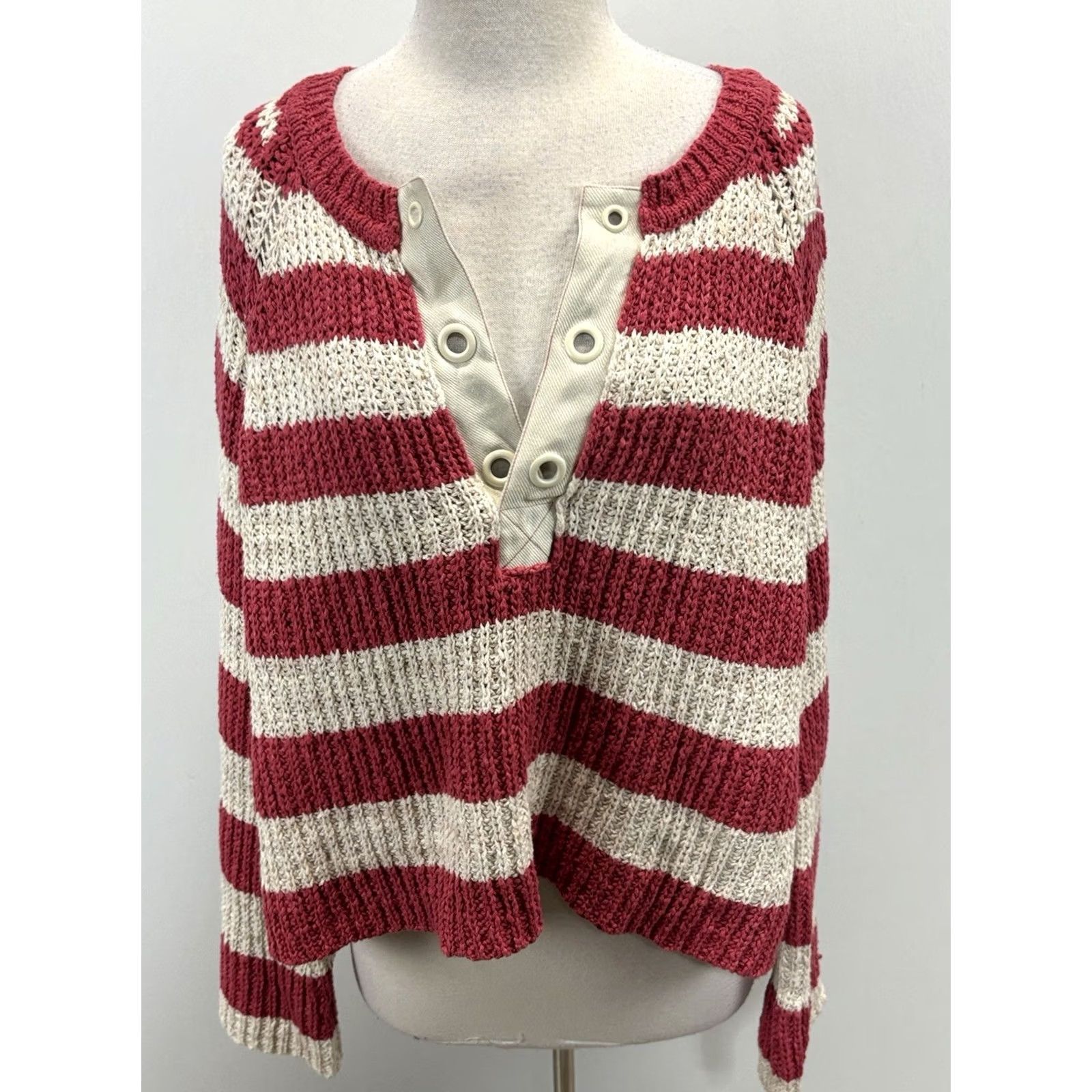 Vintage Pilcro Anthropologie Bell Sleeve Henley Sweater Women’s XL Striped Coastal Pink Cream Coastal Nautical Slouchy Crew Mens Women Girls Size XL / US 12-14 / IT 48-50 - 2 Thumbnail