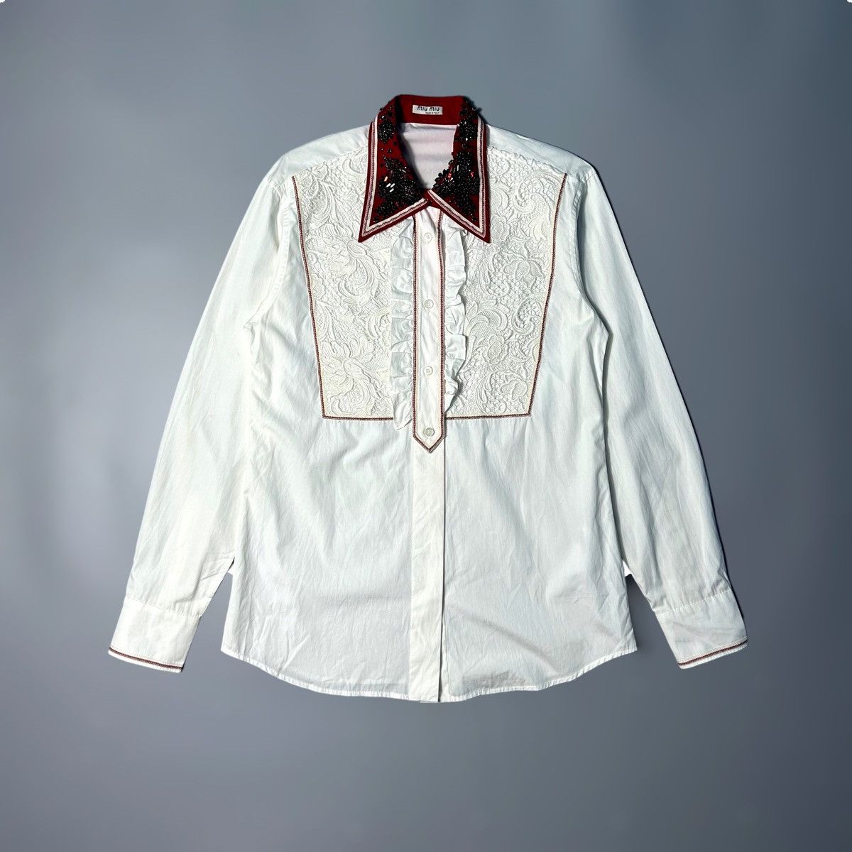 image of Miu Miu Lace-Paneled Embellished Cotton Poplin Shirt in White, Women's (Size Small)