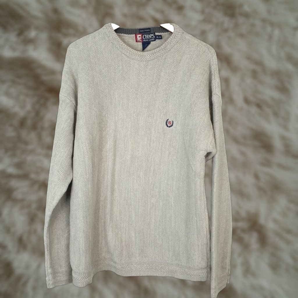 Ralph Lauren VINTAGE Chaps Ralph Lauren Hand Framed Herringbone Fisherman Sweater Mens XL Beige Cotton Knit Round Neck Long Sleeve Pullover Casual MENS Size US XL / EU 56 / 4 - 1 Thumbnail