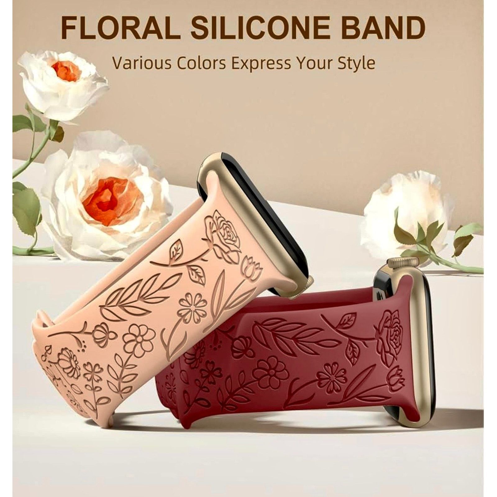 Other Apple iWatch 9/8/7 Engraved Floral 34mm Silicone Watch Band Size ONE SIZE - 6 Thumbnail