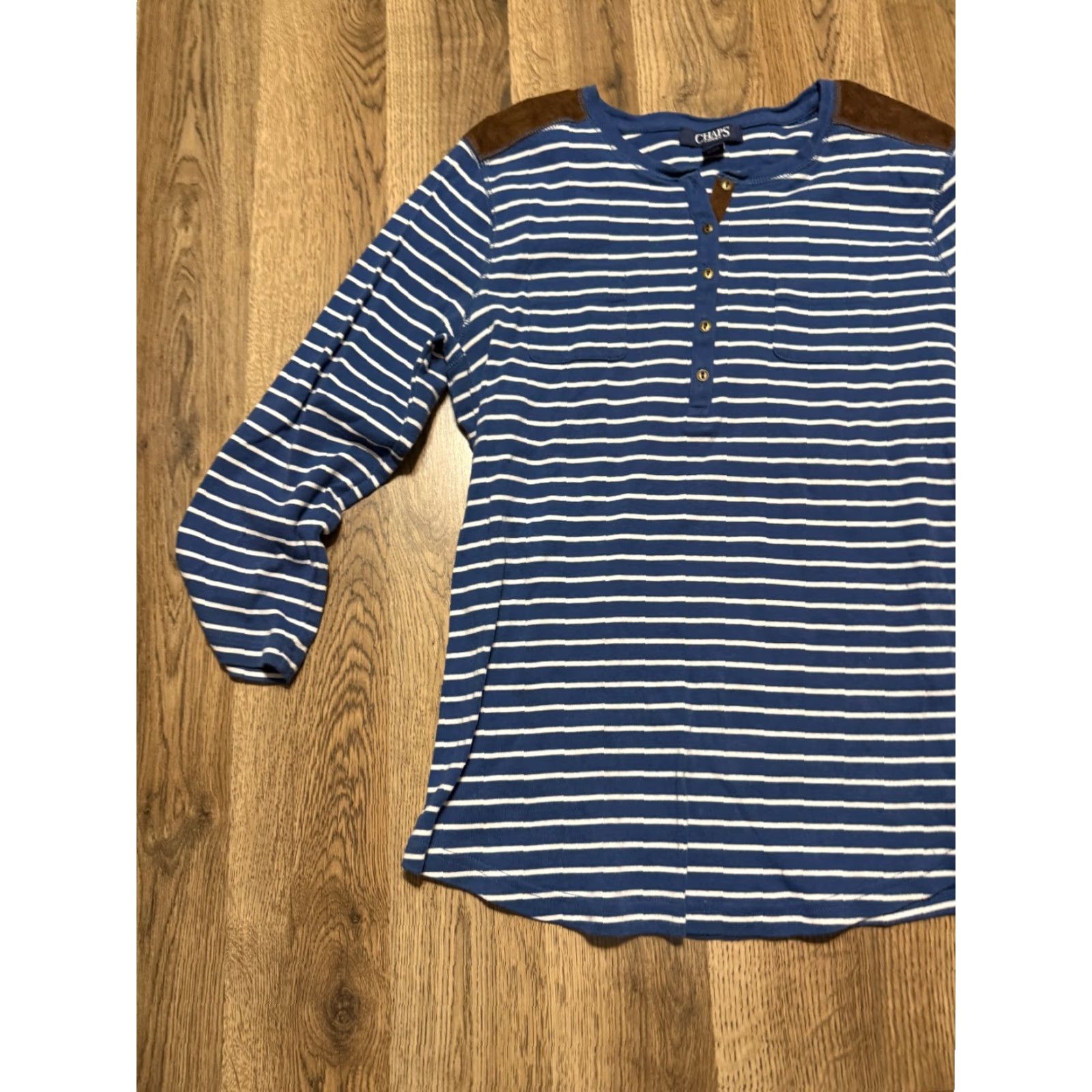 Chaps VINTAGE CHAPS Shirt Women’s Large White Blue Brown Striped Long Sleeve 3/4 Button Size L / US 10 / IT 46 - 3 Thumbnail