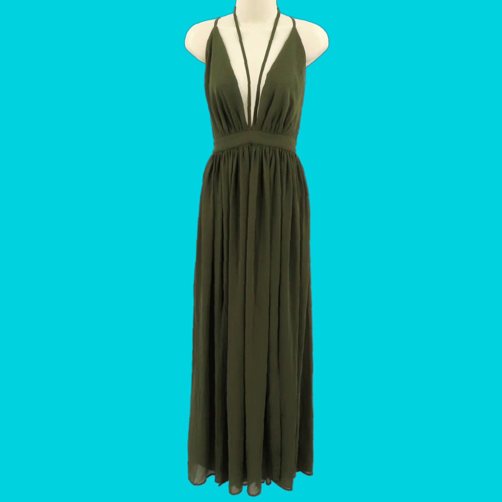 Vintage Miss Avenue Womens Dress Small Green Deep V Neck Strappy High Slit Long Gown Size S / US 4 / IT 40 - 1 Thumbnail