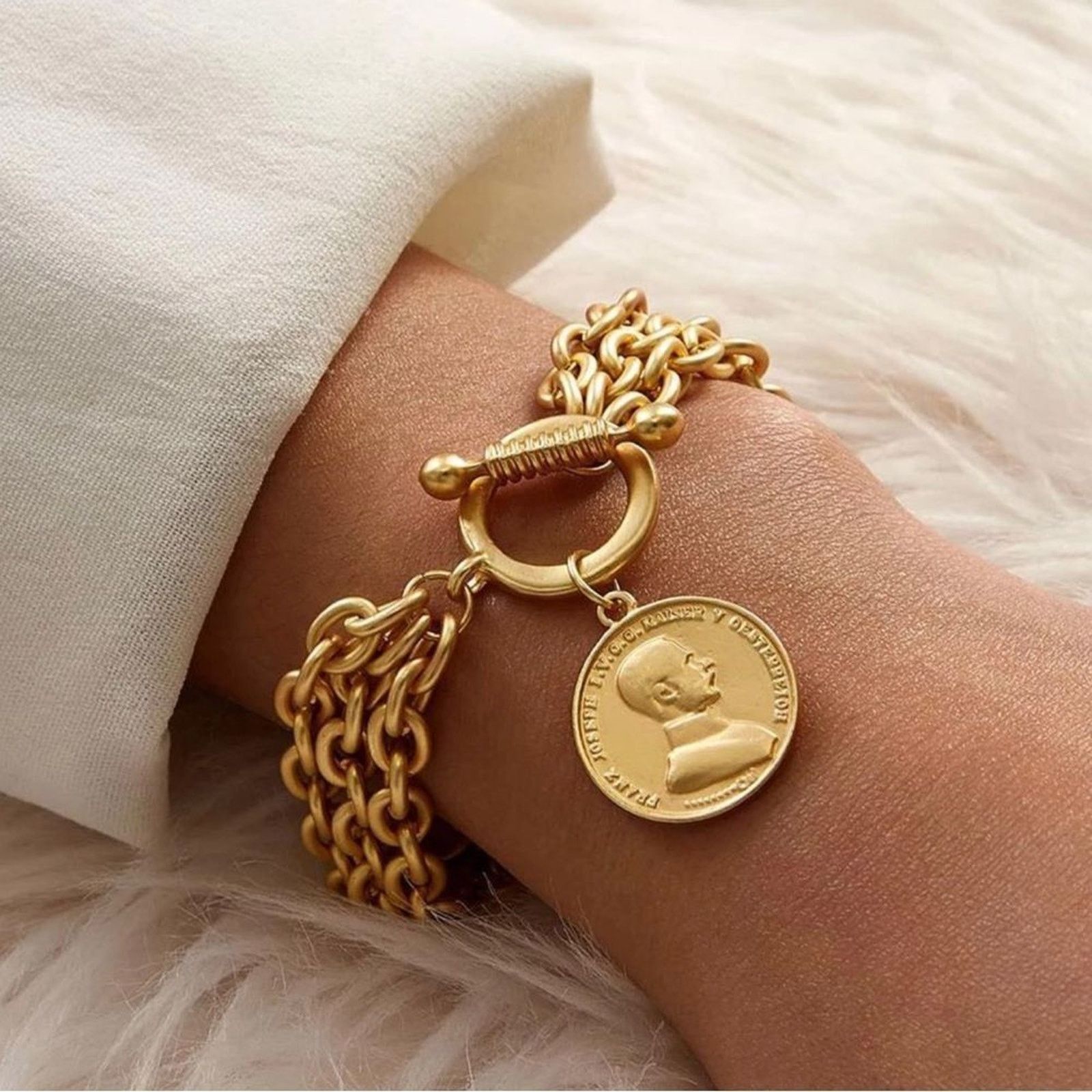 Other New Portrait Coin Multi Chain Gold Bracelet 8”. Length Size ONE SIZE - 1 Thumbnail