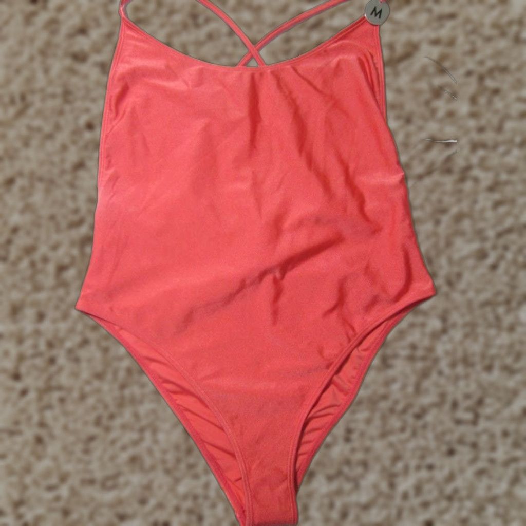 Forever 21 Forever 21 One Piece Swimsuit Coral Crossback Open Back NWT Womens M Beach Sea Pattern Solid Wireless Unlined Size ONE SIZE - 1 Thumbnail