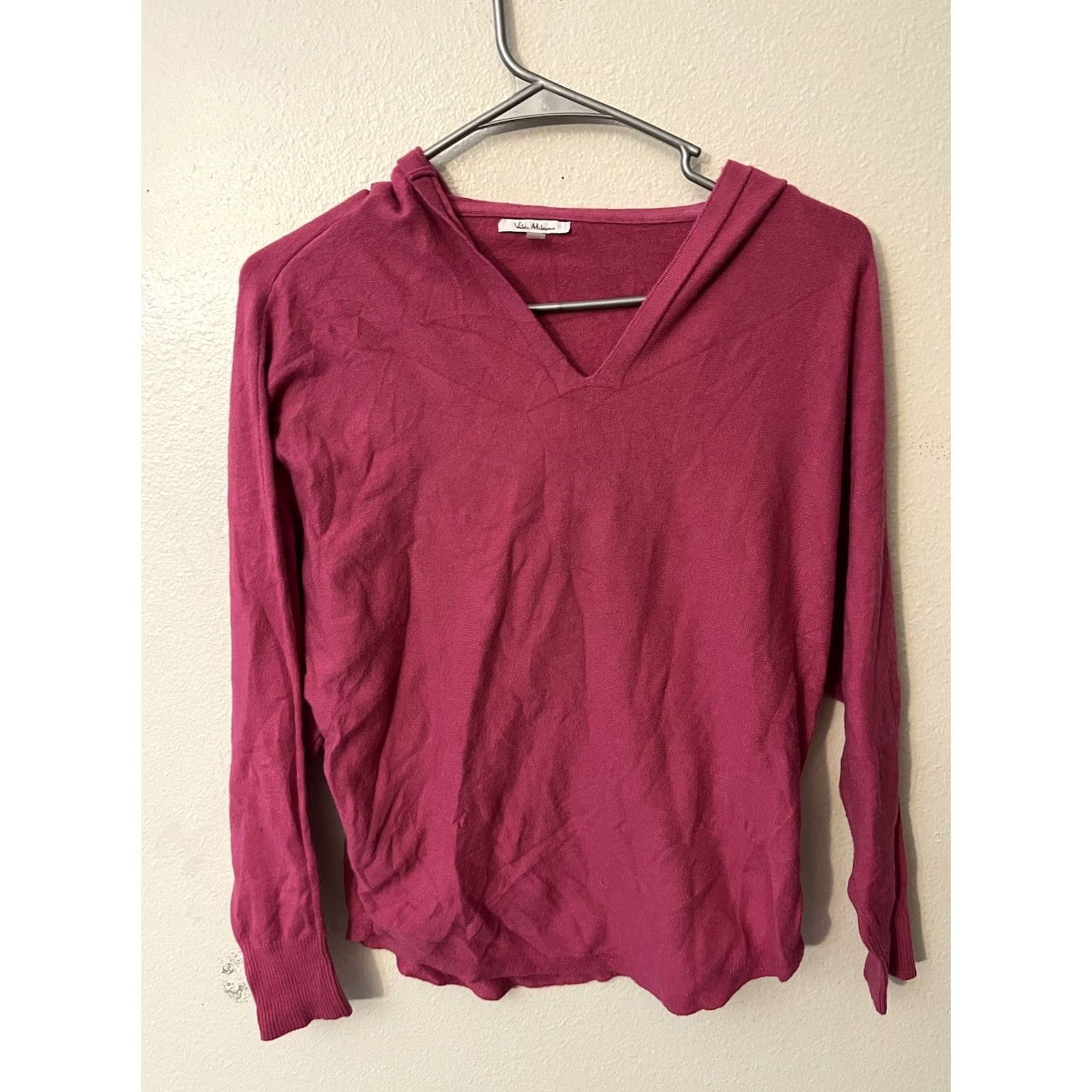 Vintage Vila Milano Sweater Women’s Small Pink Hooded V Neck Long Sleeve Cotton Blend Size S / US 4 / IT 40 - 2 Thumbnail