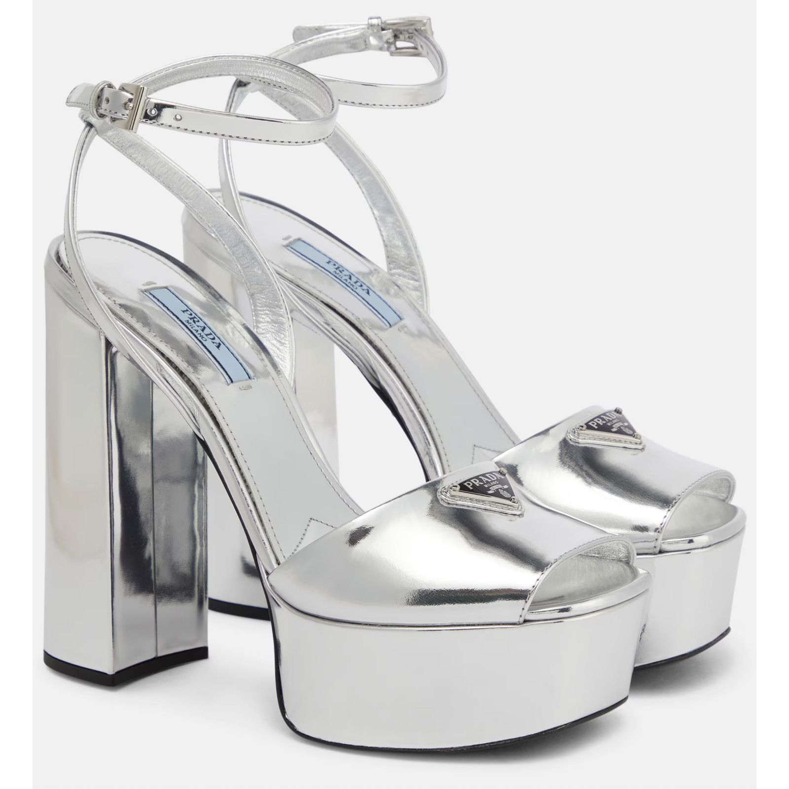Prada Prada 135mm Metallic Silver Logo Platform Sandal Size US 10 / IT 40 - 1 Thumbnail