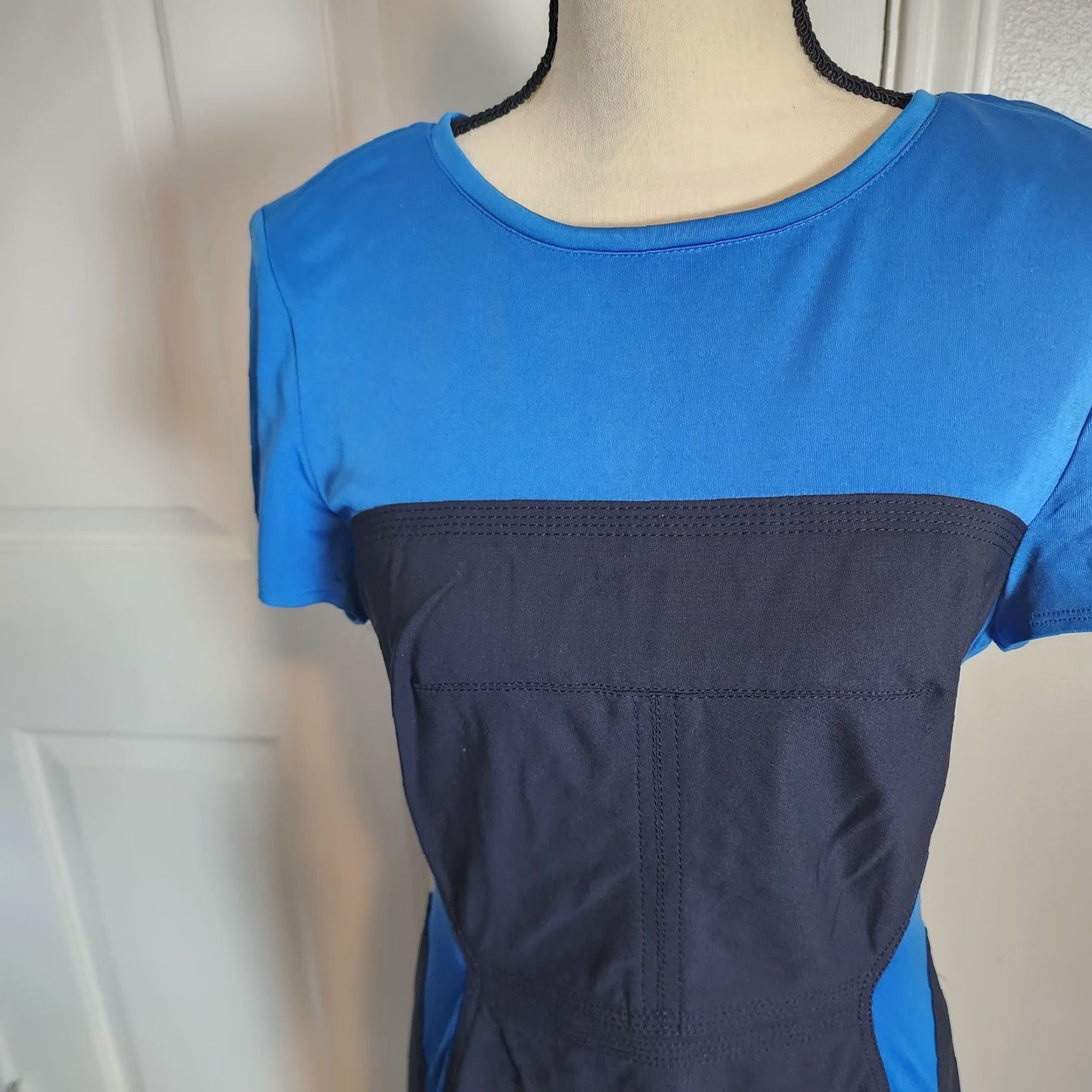 Vintage Rachel Roy Dress Navy Blue Light Blue Cocktail Sheath Short Sleeve Size 8 Holiday Party/Cocktail Size 30" / US 8 / IT 44 - 2 Thumbnail