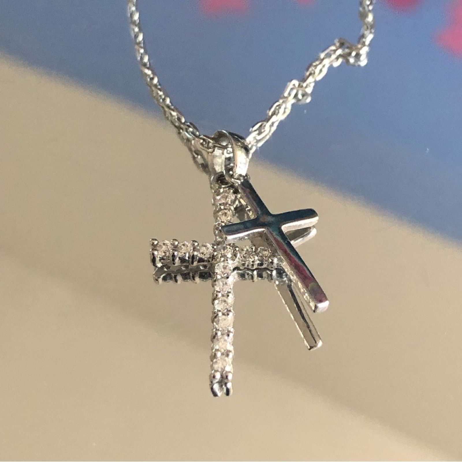 Handmade Double cross stainless steel clear cubic zirconia necklace Size ONE SIZE - 3 Thumbnail