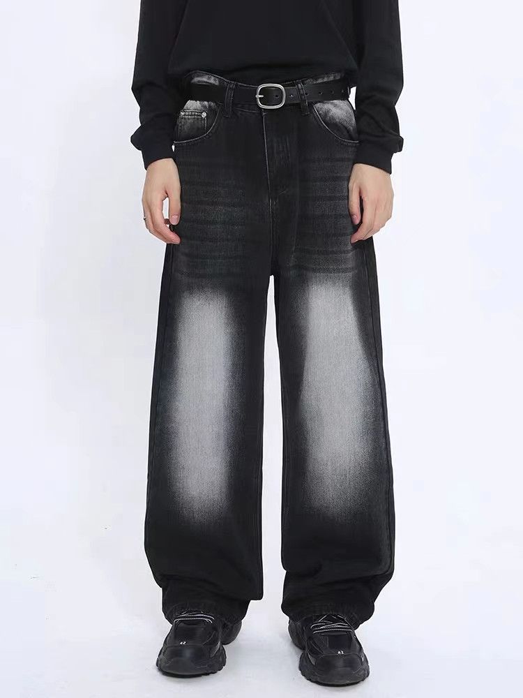 Black gradient straight-leg mid-rise jeans