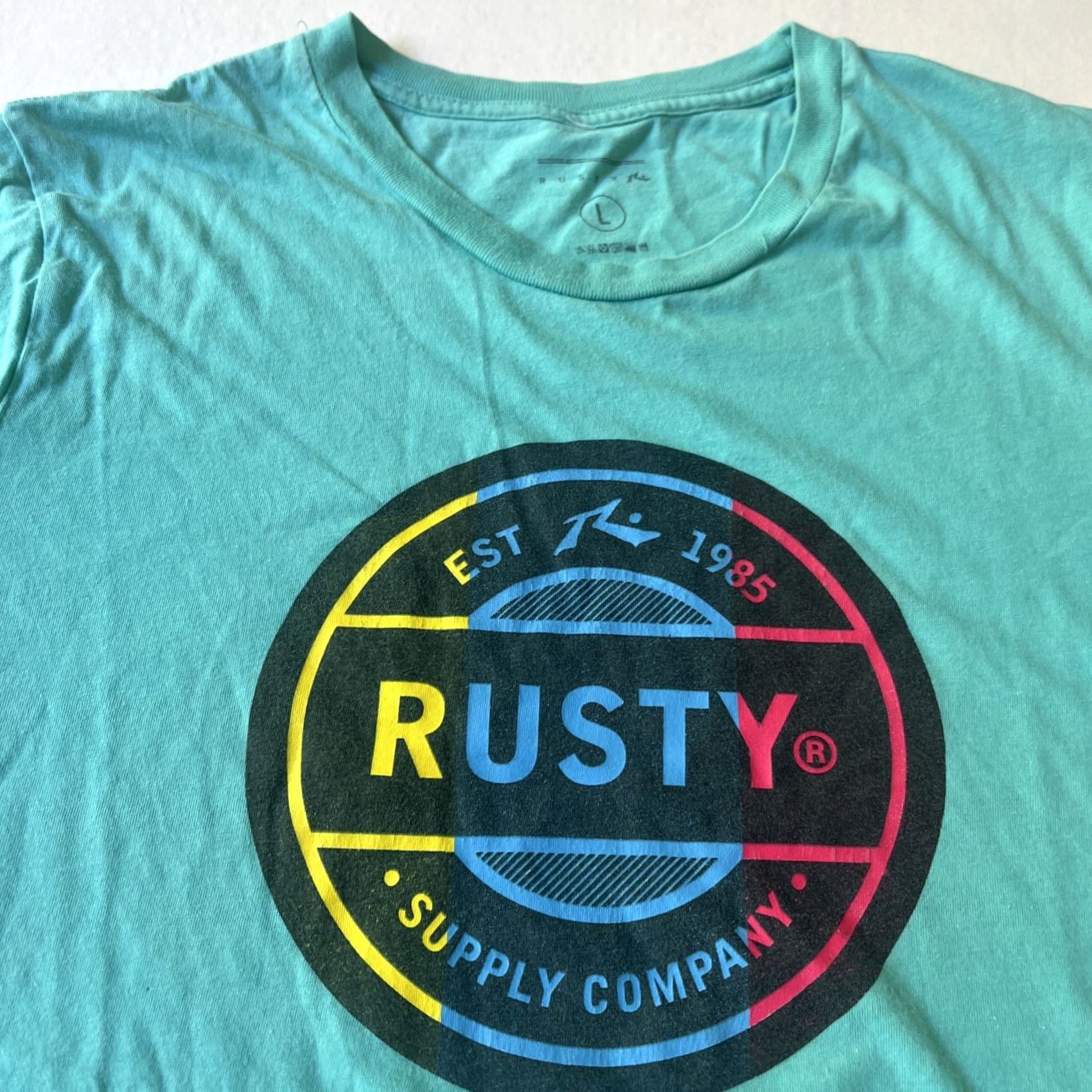 Rusty Rusty Shirt Mens L Blue Vtg Surfboards Est Supply Company Logo Surfer Aqua Green Size US L / EU 52-54 / 3 - 2 Thumbnail