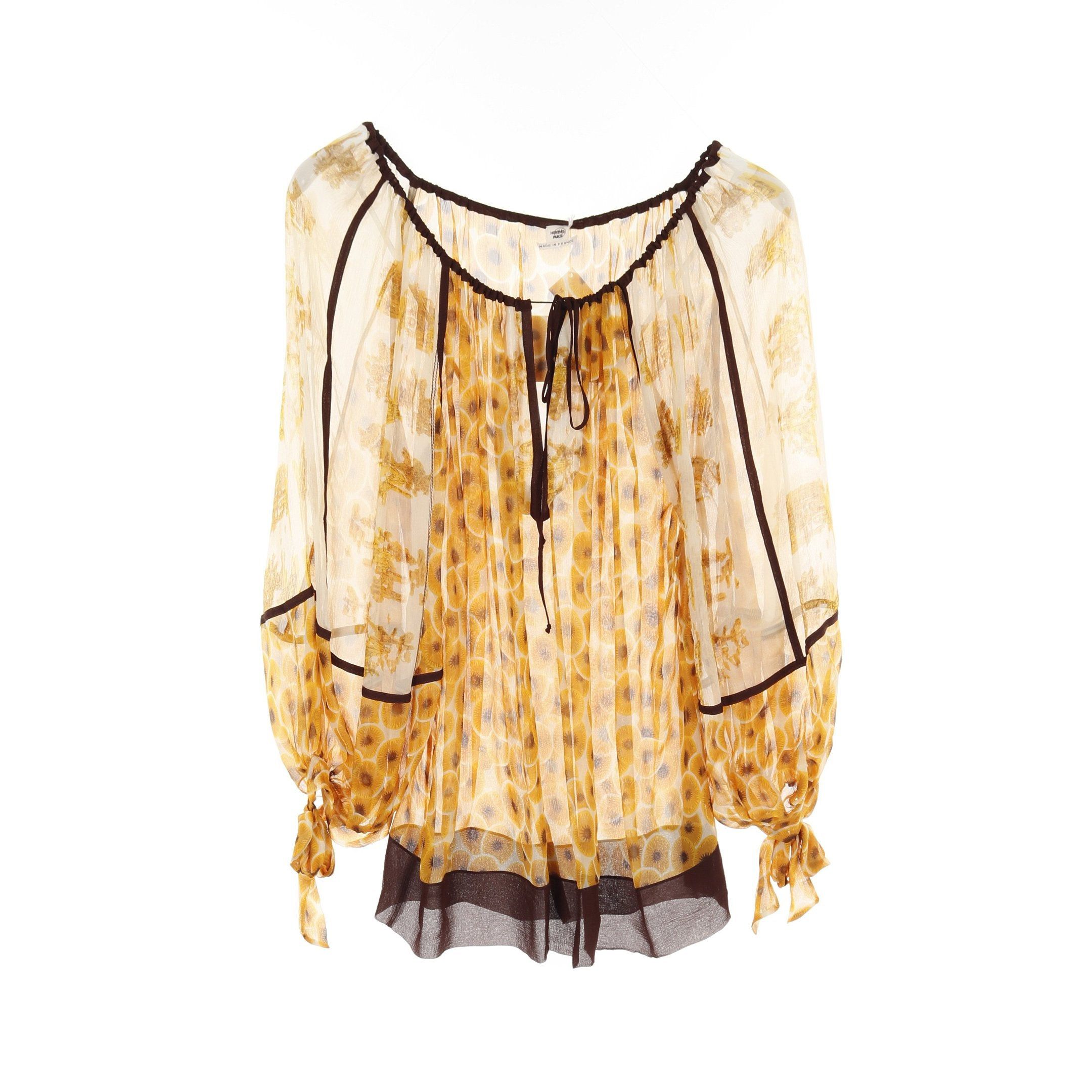 Hermes Hermes Blouse Silk Orange Black Ivory Size ONE SIZE - 1 Thumbnail