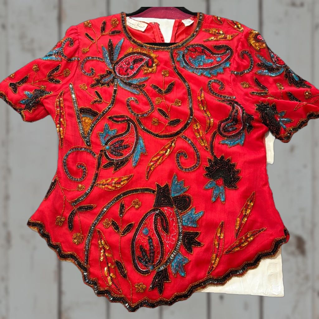 Vintage VINTAGE Laurence Kazar RED Silk black Blue Sequin Beaded Top Women L Floral S/S Formal Top Size L / US 10 / IT 46 - 1 Thumbnail