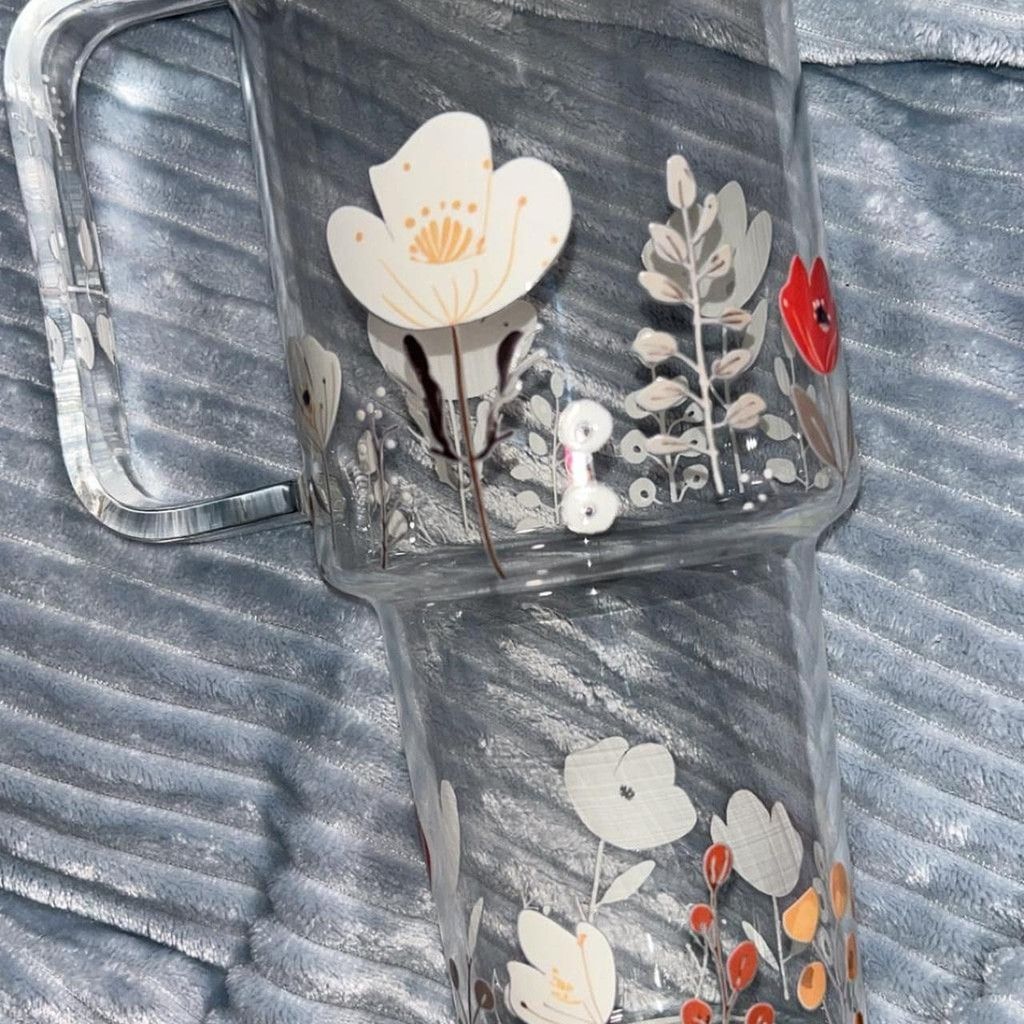The Unbranded Brand 🌼 Floral design glass mug with wooden lid and handle🌼#boho Size ONE SIZE - 4 Thumbnail