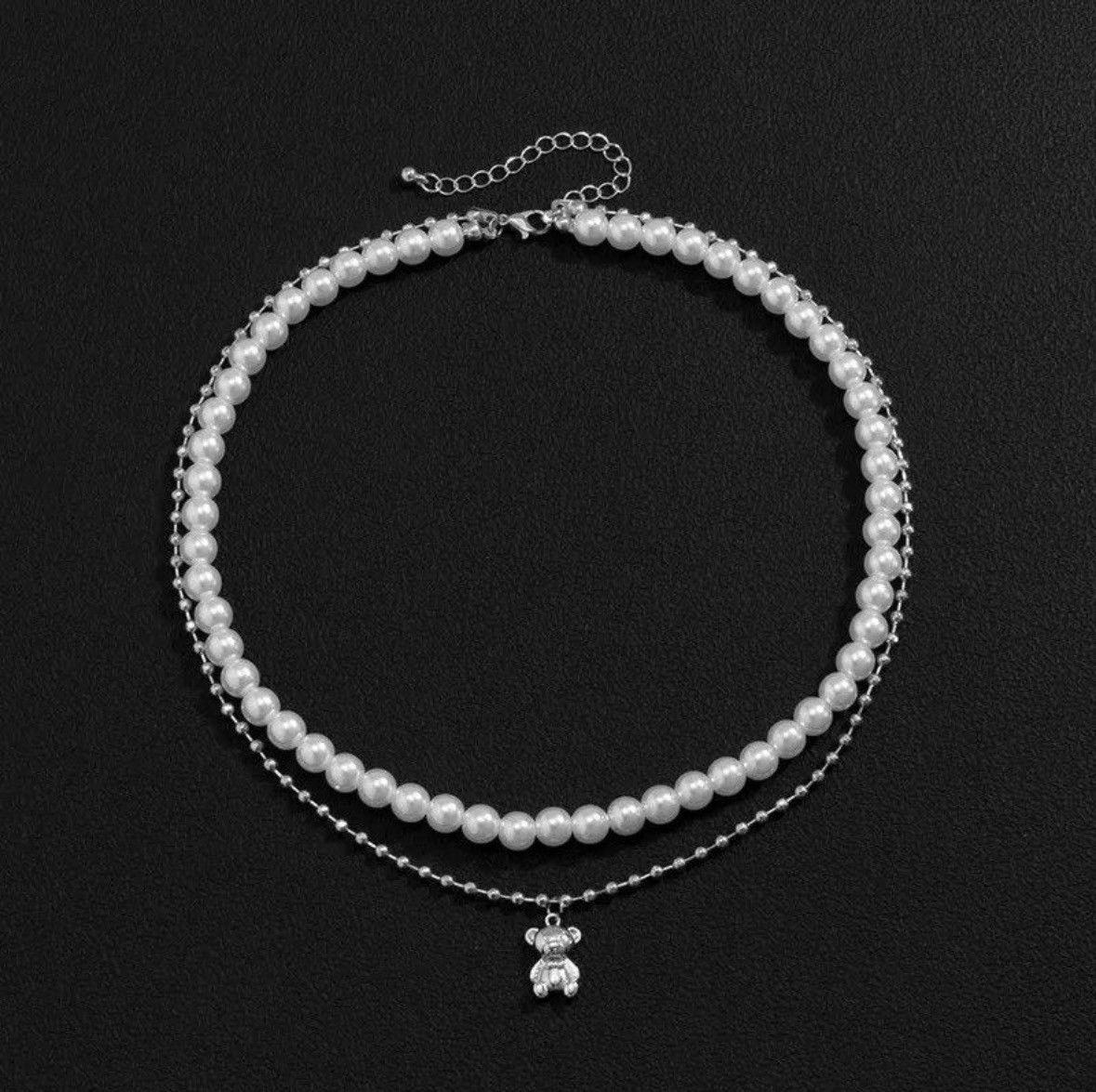 Jewelry Double Layer Pearl Bear Necklace Silver Necklace Size ONE SIZE - 3 Thumbnail