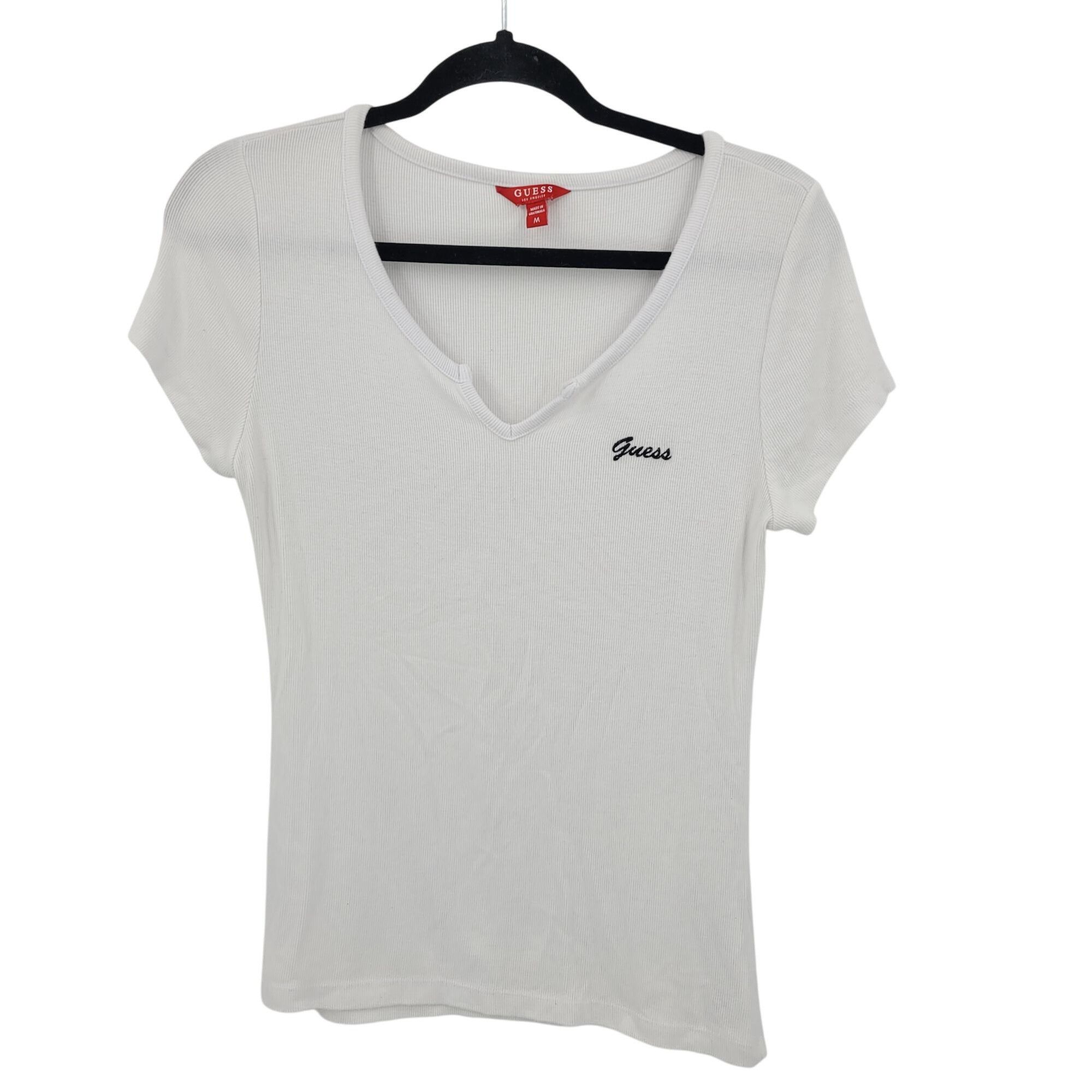 Guess Y2K Guess White Ribbed Womens Short Sleeve V-neck Top Sz M B Size M / US 6-8 / IT 42-44 - 1 Thumbnail