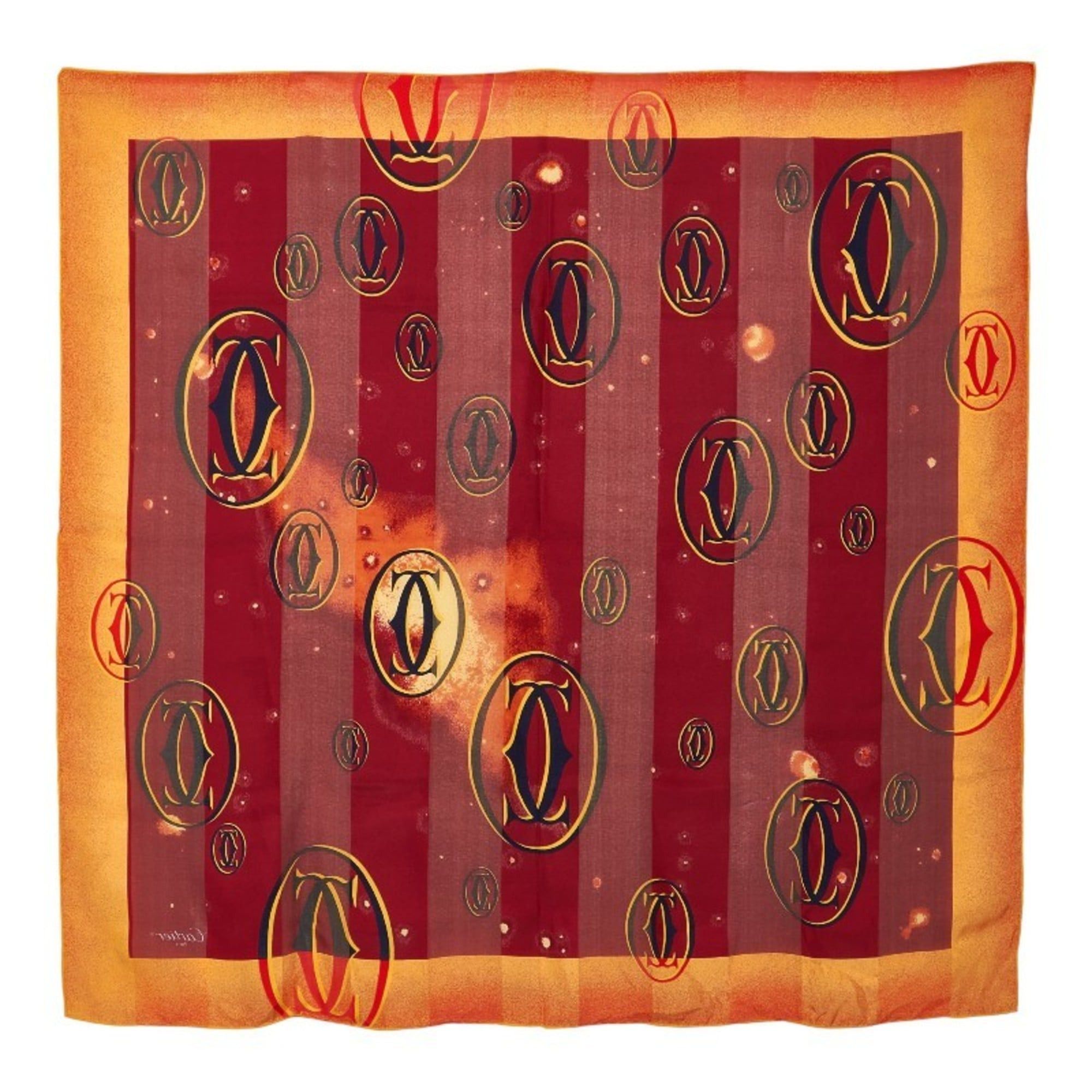 Cartier logo all-over print scarf/muffler in orange and multicolored silk for women.