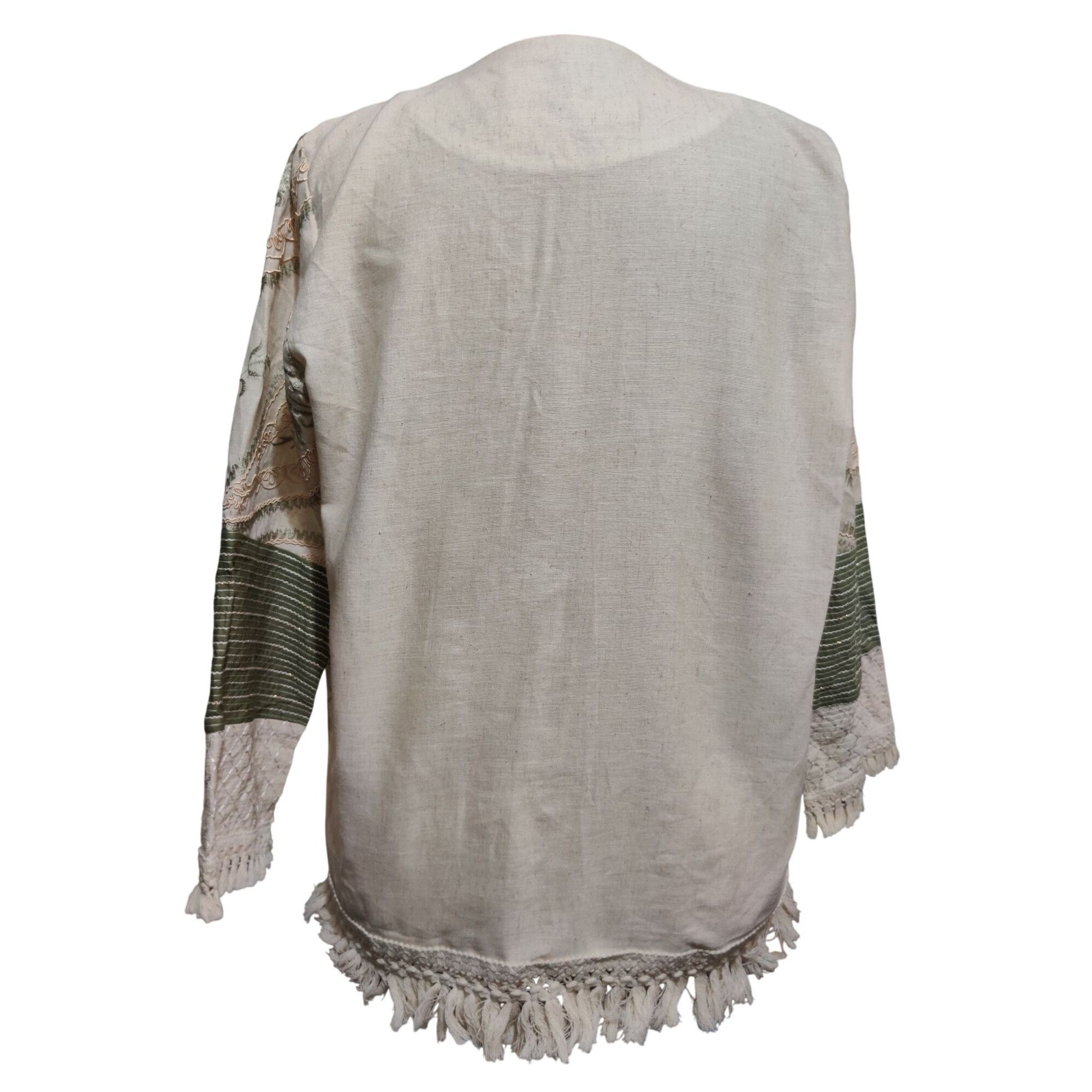 Other Womens L Jacket Boho Embroidered Fringe Cream Green Open Fro Size L / US 10 / IT 46 - 4 Thumbnail