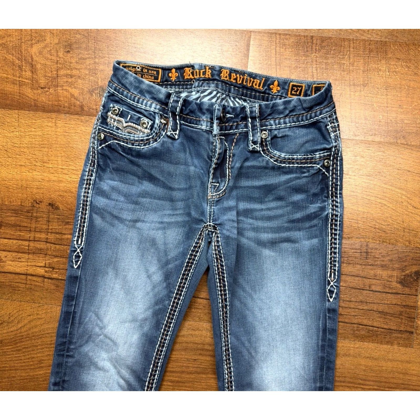 Vintage Rock Revival Avery Straight Jeans Women's 27 Blue Denim Rhinestones Flap Pockets Embroidered Thick Stitching Size 27" / US 4 / IT 40 - 4 Thumbnail
