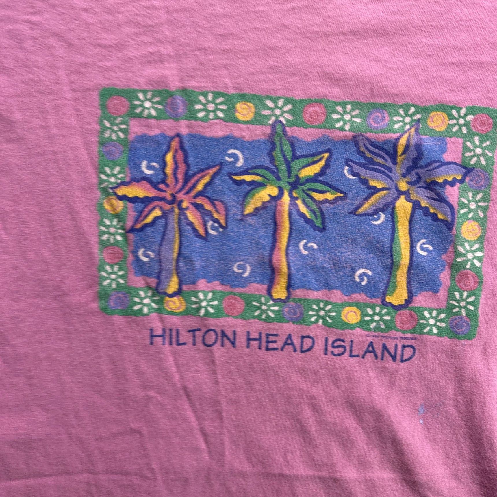 Anvil VINTAGE Hilton Head Island T-Shirt Men One Size Pink Palm Tree Graphic 90s Beach Travel Tee Size US L / EU 52-54 / 3 - 5 Thumbnail