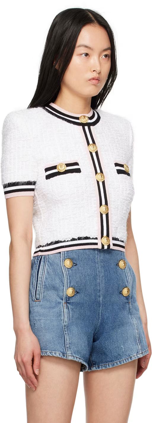 Balmain o1s1wg110825 Boucle Knit Nylon Blend Cardigan in White Size XL / US 12-14 / IT 48-50 - 2 Thumbnail