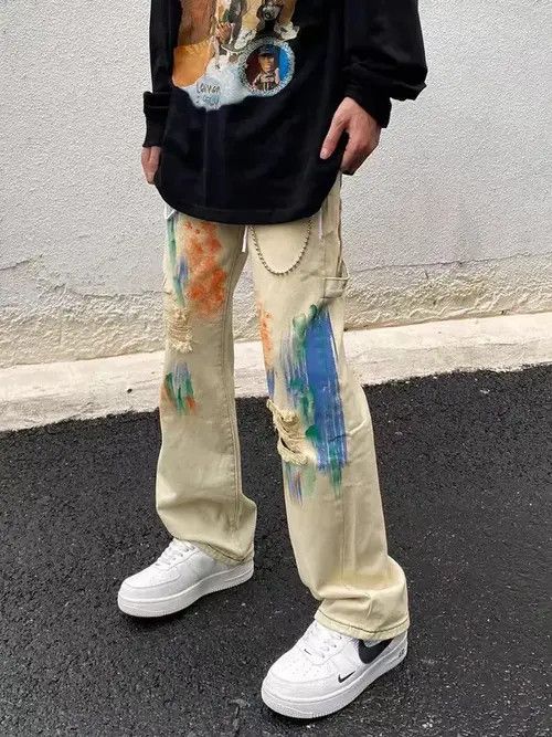 Japanese Brand Retro graffiti-splashed ripped straight jeans Size US 32 / EU 48 - 1 Thumbnail