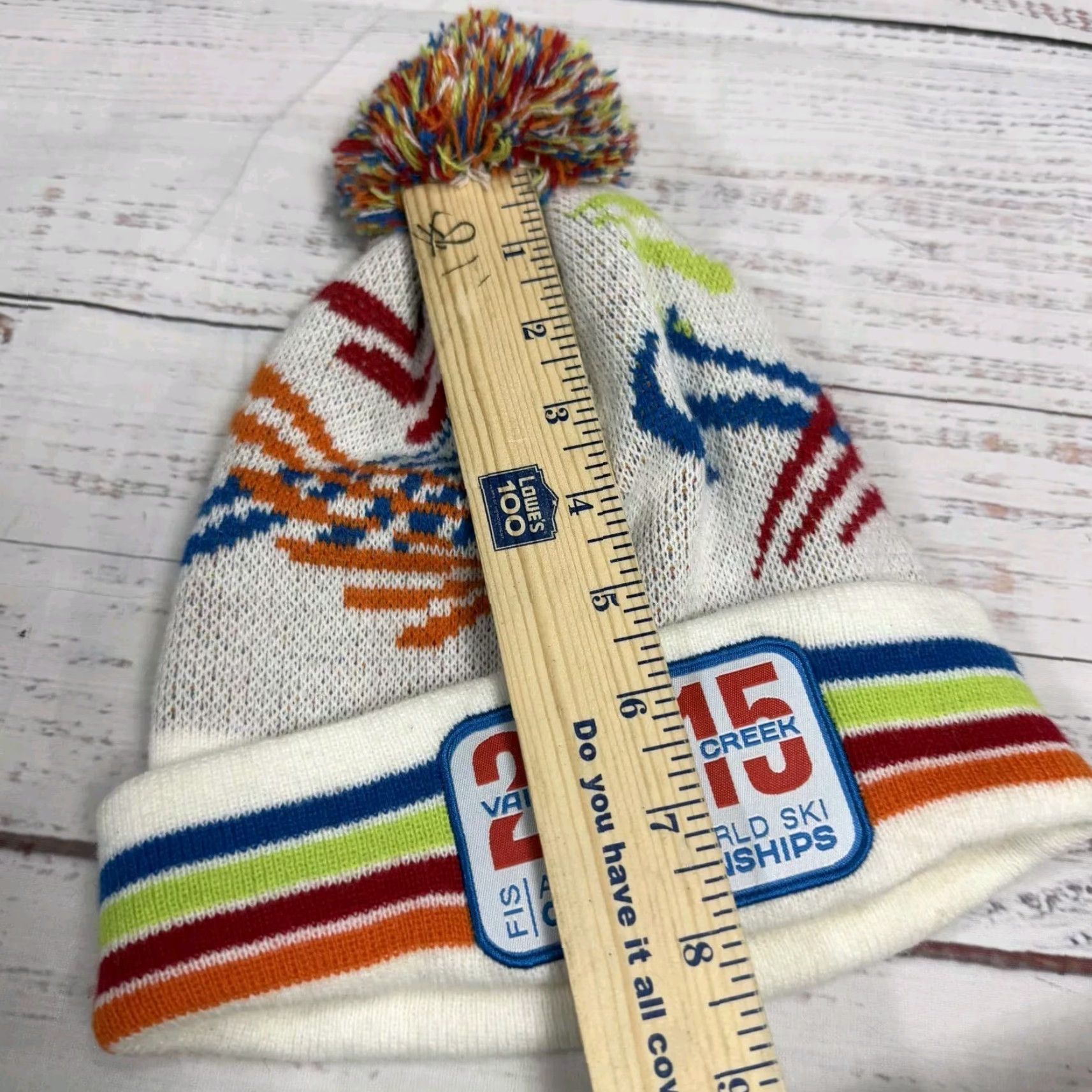Vintage Vail Beaver Creek 2015 Alpine Ski Knit Hat Beanie White Blue Pom Pom One Size Unisex Adults Knit Striped Cotton Blend Winter Size ONE SIZE - 2 Thumbnail