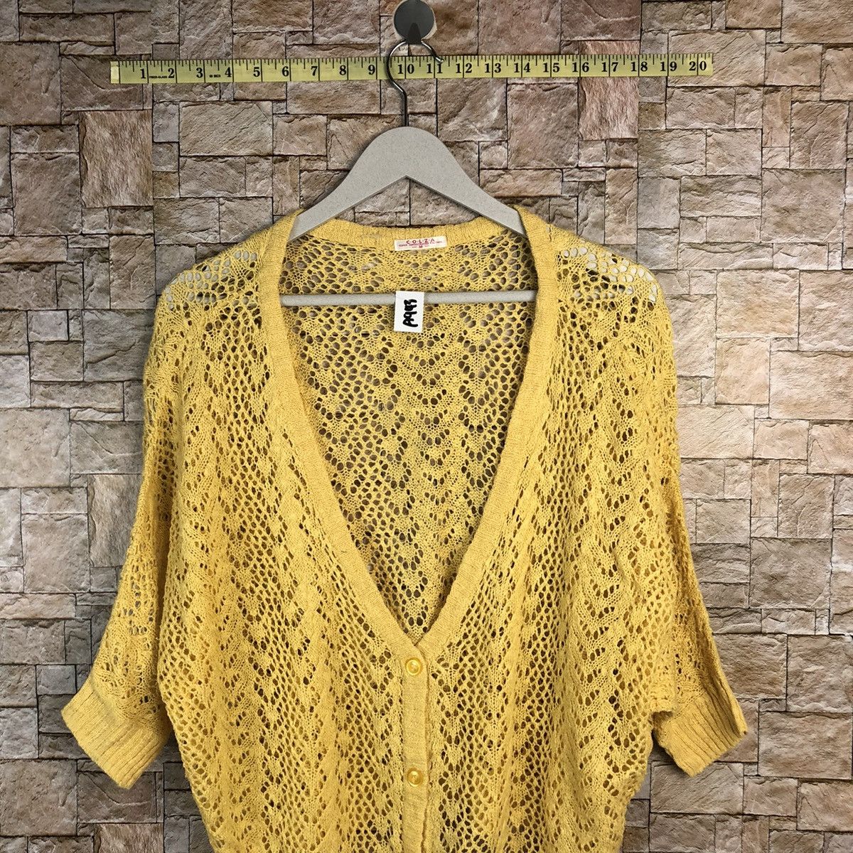 Japanese Brand C.O.L.Z.A yellow meshnet crochet Cardigan Knitwear #A943 Size M / US 6-8 / IT 42-44 - 2 Thumbnail