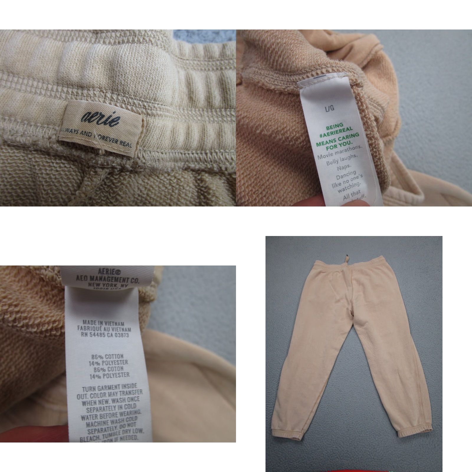 Vintage Aerie Sweatpants Womens L Beige Terry Fleece Jogger Pants Drawstring Elastic Waist Pockets Zipperless? (Wait) Size 36" / US 14 / IT 50 - 8 Thumbnail