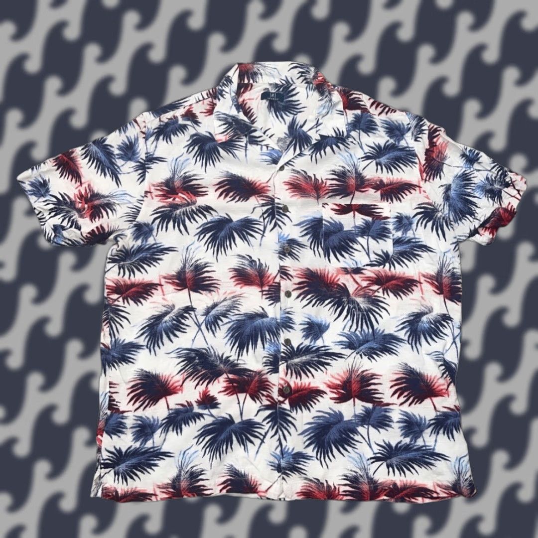 George George Hawaiian Shirt Button-Up Short Sleeve Palm Leaf 100% Rayon Island Floral White Blue Red XL Men’s Pocket Size US XL / EU 56 / 4 - 1 Thumbnail