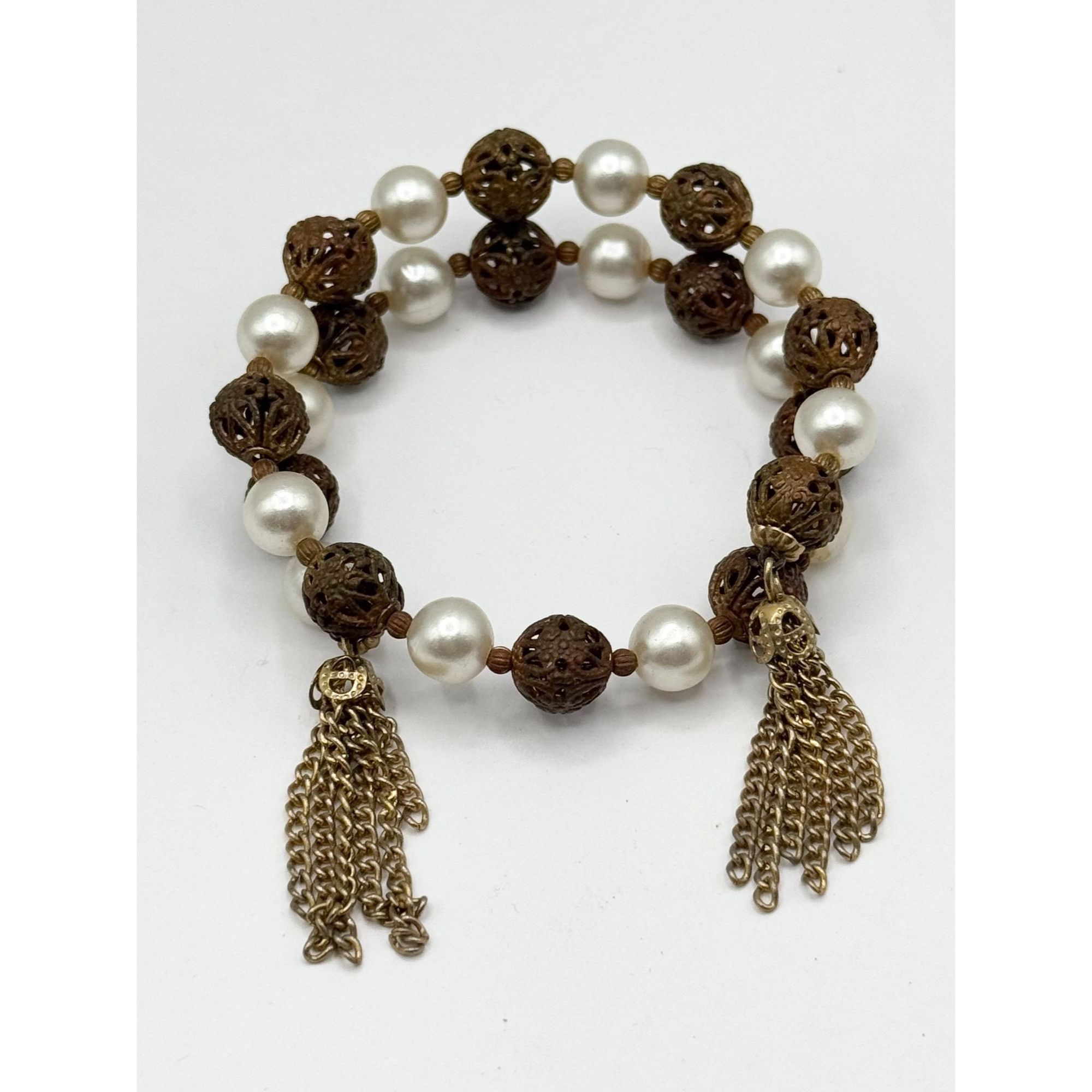 Vintage Vintage filigree ball faux pearl wire wrap chain tassel brac Size ONE SIZE - 3 Thumbnail