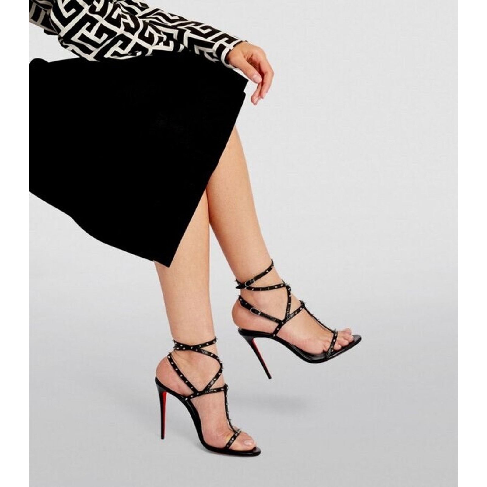 Christian Louboutin Bombina Spikes 100 Black Ankle Strappy Sandal Heel Pump 36 Size US 6 / IT 36 - 6 Thumbnail