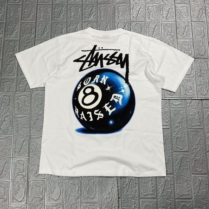 Vintage Stussy Born x Raised 8 Ball Tee White | Grailed