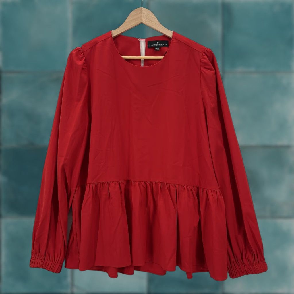 Vintage Pomander Place Blouse Womens Large Red Round Neck Long Sleeve Solid Ruffle Preppy Lightweight NWOT Vest? Size L / US 10 / IT 46 - 1 Thumbnail