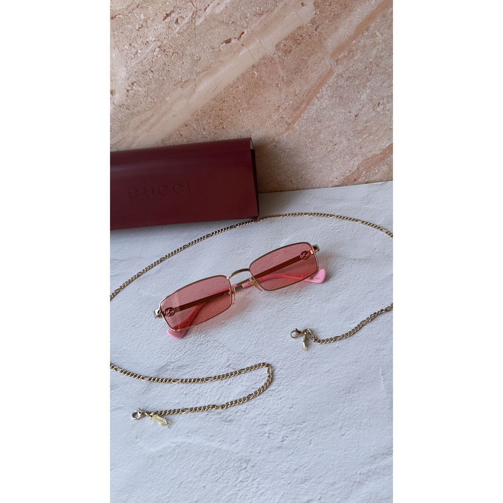 Gucci NEW Gucci GG1600S Gold Chain Pink Rectangule Sunglasses $650 Size ONE SIZE - 3 Thumbnail