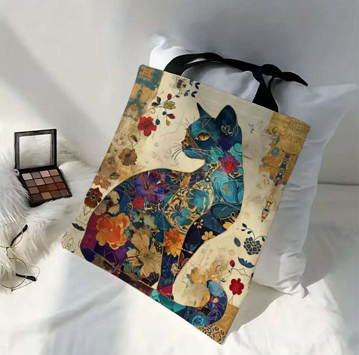 Japanese Brand Floral Cat Pattern Tote Bag, Aesthetic Canvas School Size ONE SIZE - 2 Thumbnail