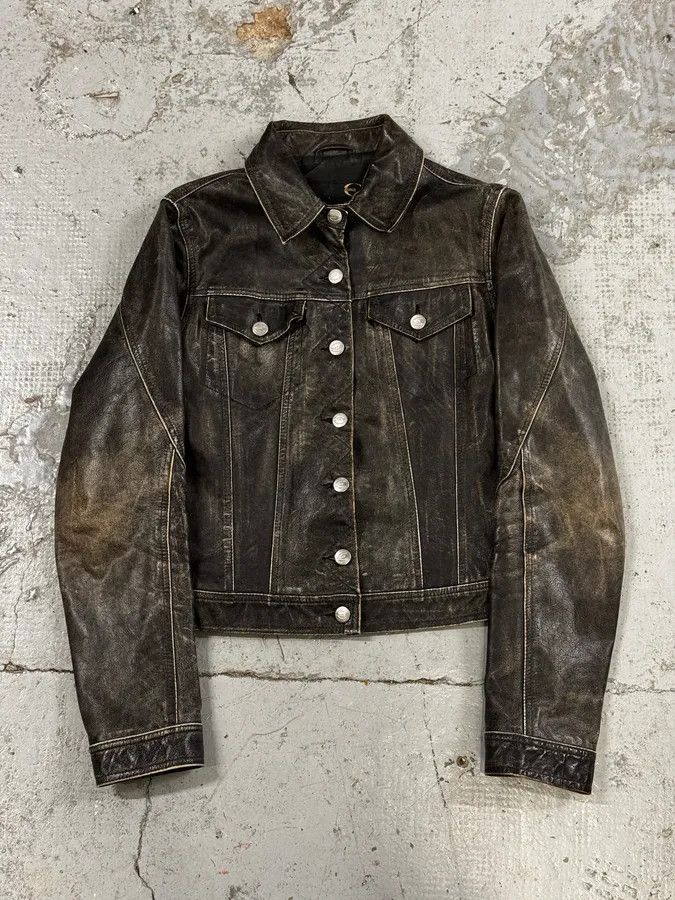 Just Cavalli 2000s Cavalli Grey Eroded Leather Trucker Jacket Size S / US 4 / IT 40 - 1 Thumbnail