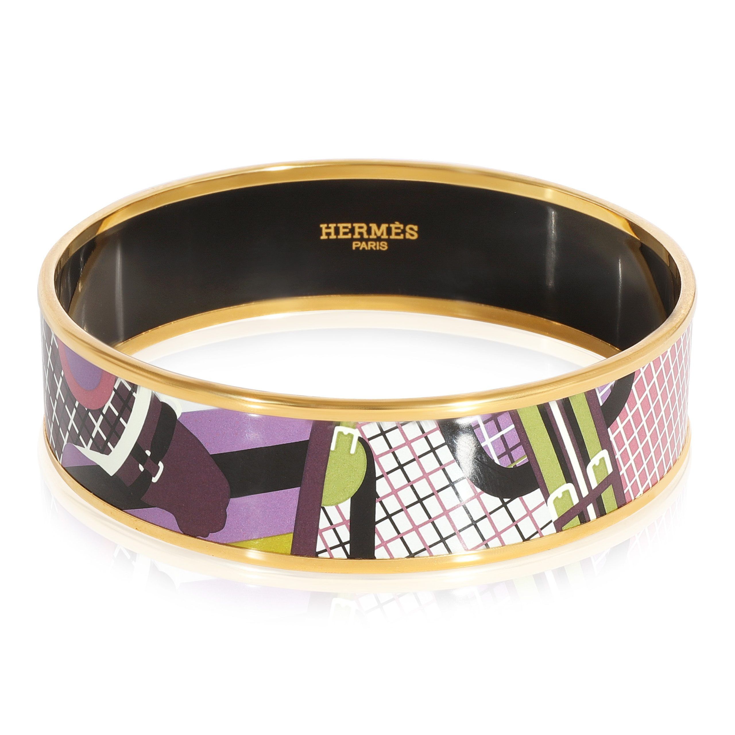 Hermès Plated Pour Sortier Printed Wide Enamel Bracelet (67MM)