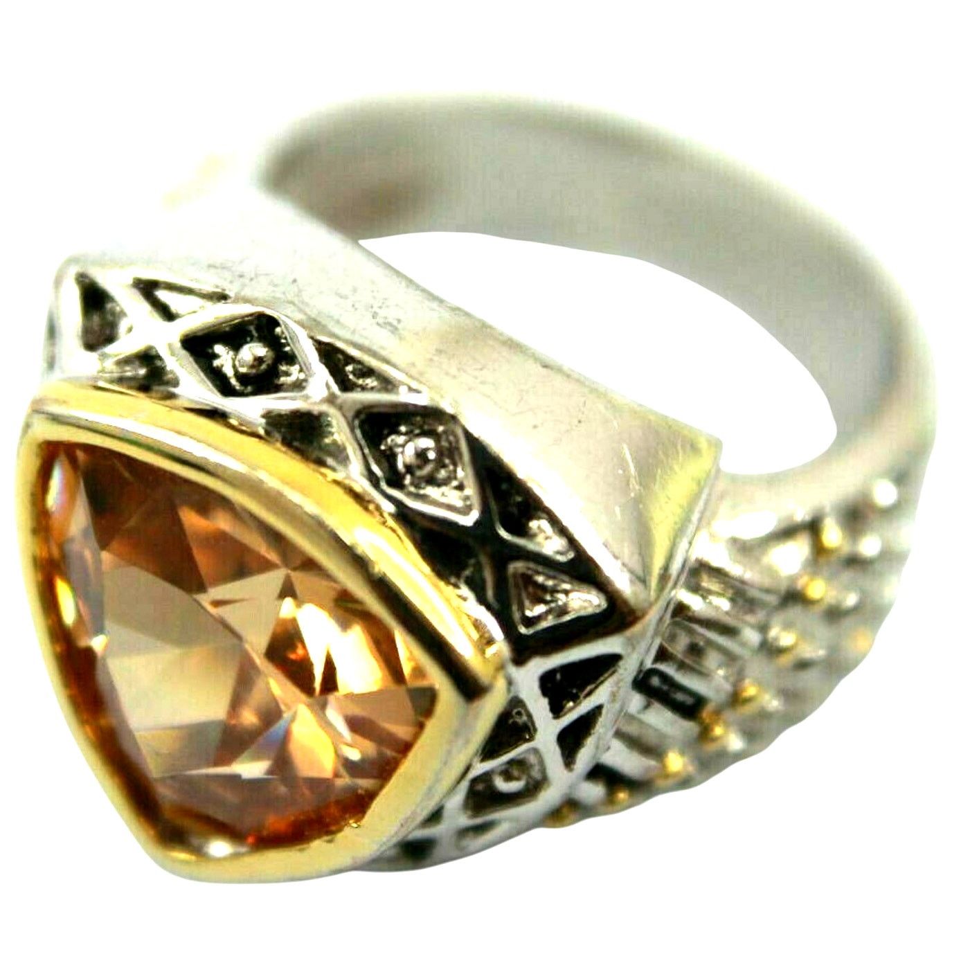Other Big Statement Ring Simulated Citrine Triangle Silvertone Size ONE SIZE - 2 Thumbnail