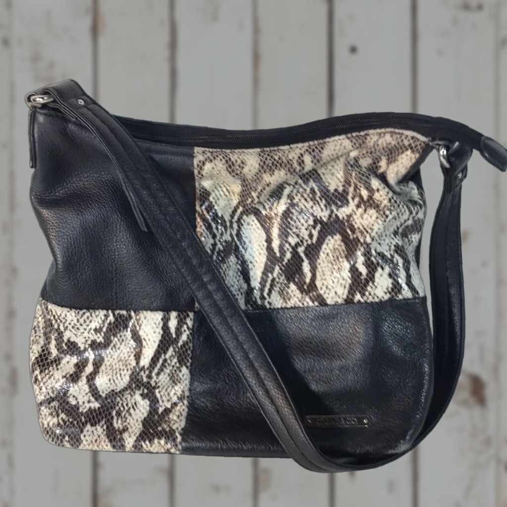 Vintage Stone & Co Black Snakeskin Leather Shoulder Bag Medium 12x10 inches Business Casual Travel Womens Size ONE SIZE - 1 Thumbnail