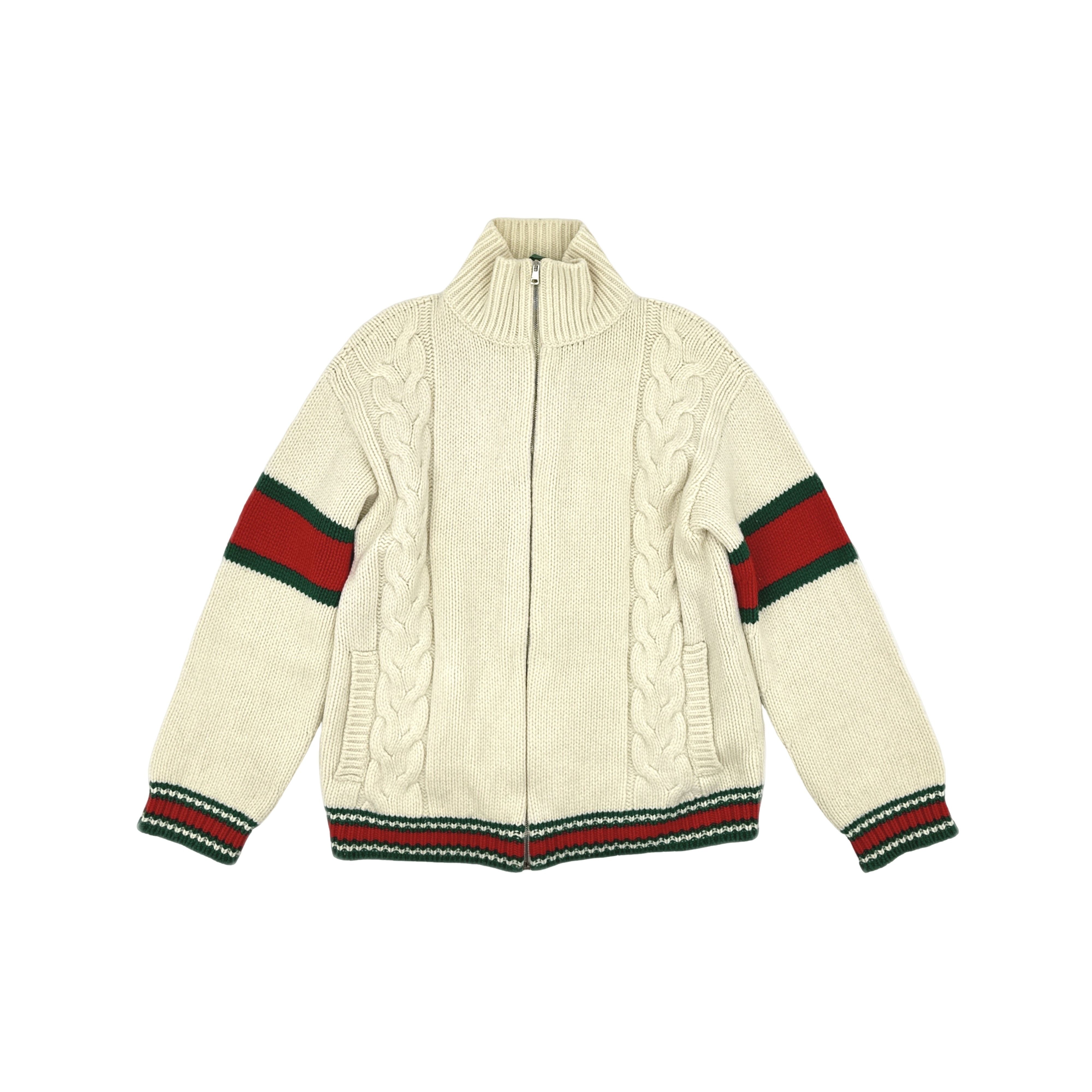 Gucci Gucci Cable Knit Web Stripe Zip Cardigan Size M Size US M / EU 48-50 / 2 - 1 Thumbnail