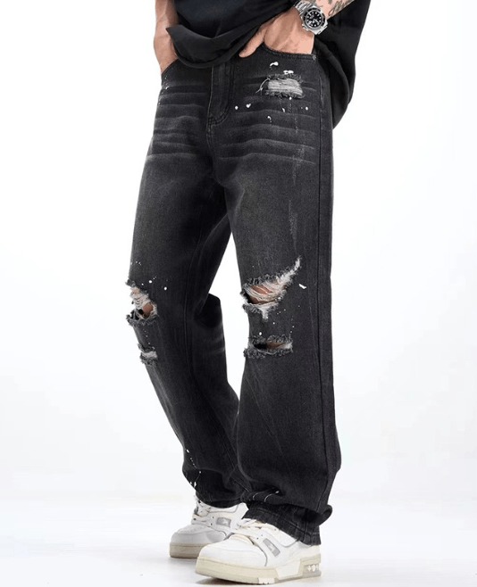 Japanese Brand American ink-splashed black straight loose ripped jeans Size US 32 / EU 48 - 3 Thumbnail