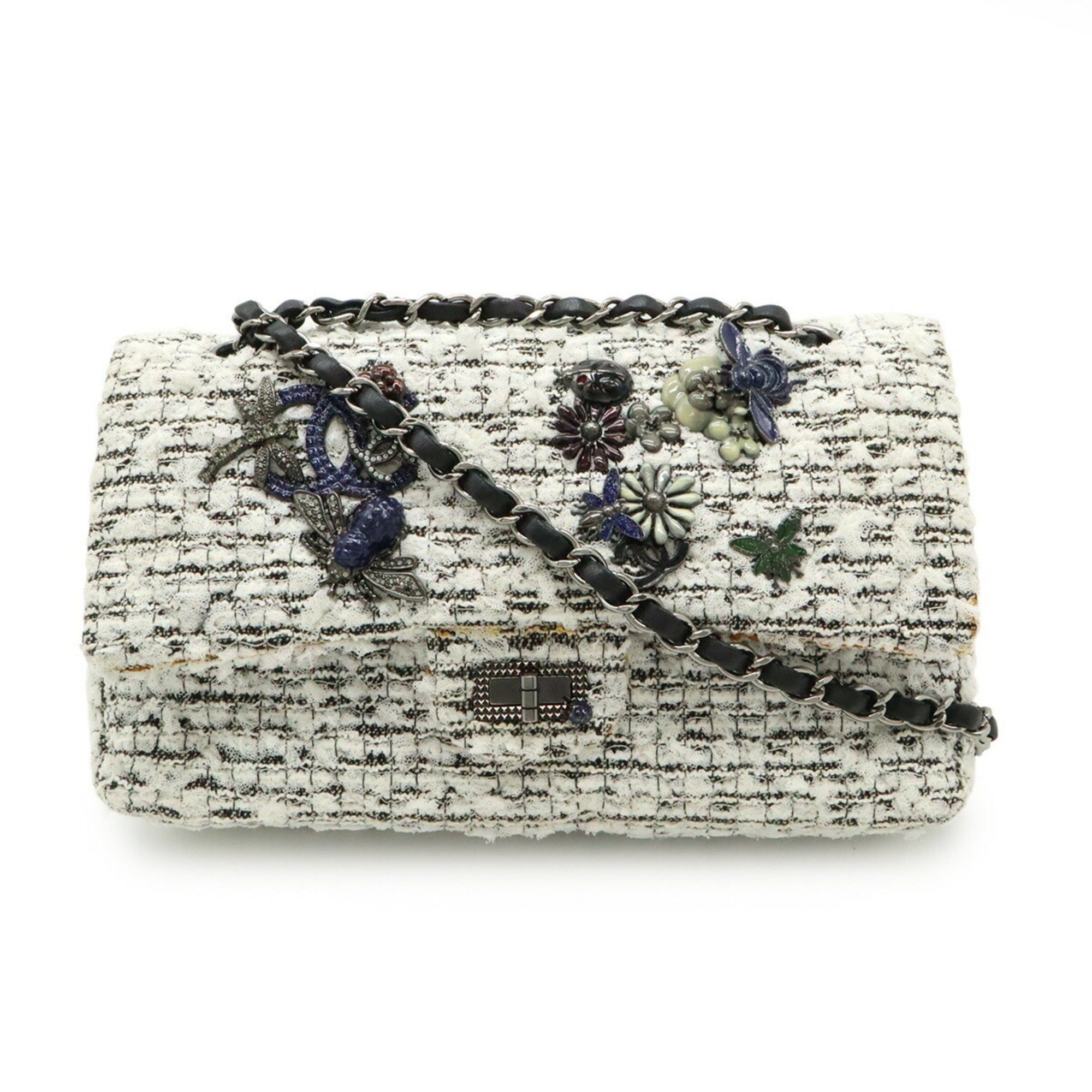 Chanel CHANEL 2.55 Tweed Double Flap Chain Shoulder Bag with Flower Motif, White and Black Leather Size ONE SIZE - 1 Thumbnail