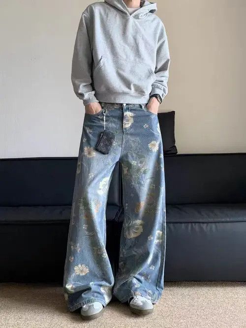 Japanese Brand × Jean Washed floral print design baggy jeans Size US 33 - 4 Thumbnail